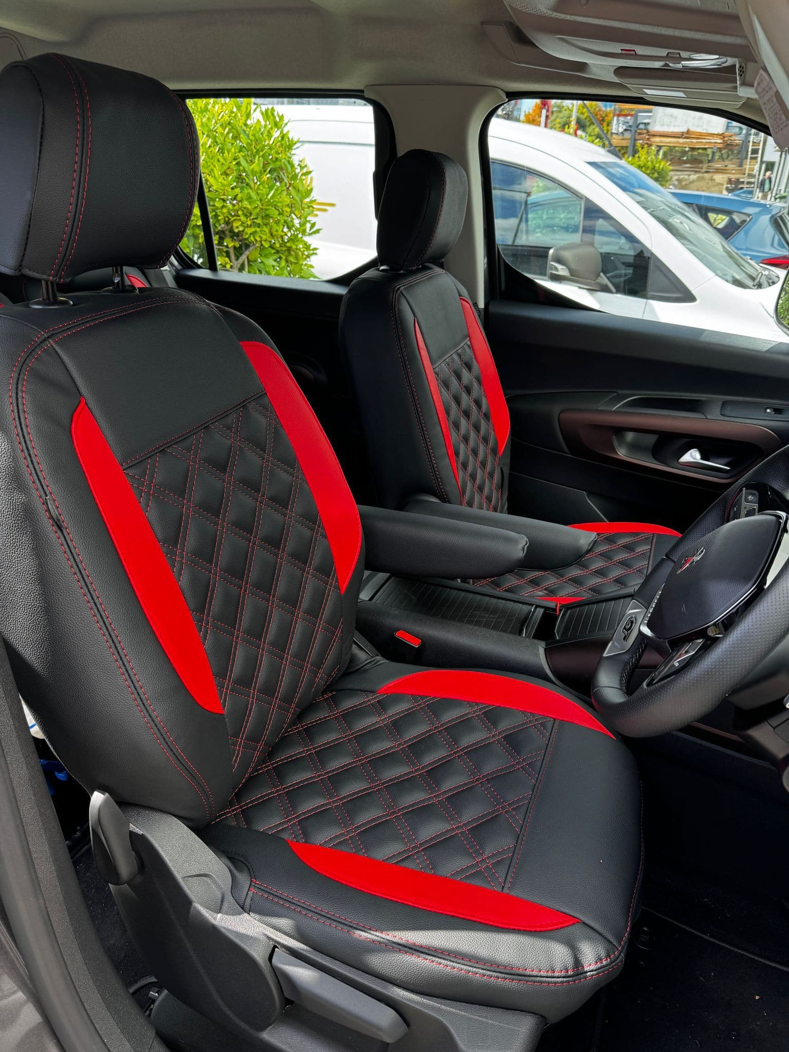Red and Black Van Seat Covers with Diamond Stitching