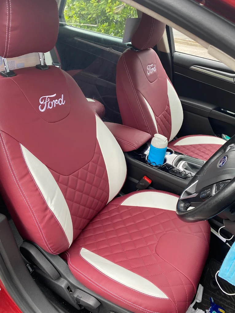 Bold Choices: Red and White Two-Tone Custom Seat Covers with Brand Embroidery